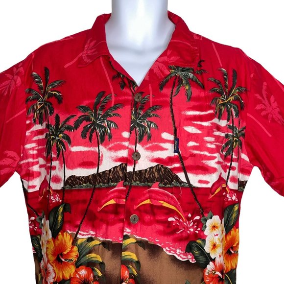 Palmwave Hawaii Fire Red Hawaiian Beach Volcano Floral Ocean Shirt Men's M - Picture 2 of 10